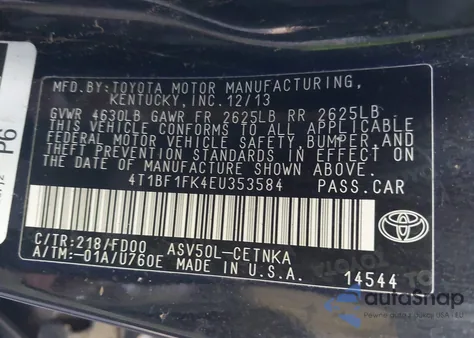 2014 Toyota Camry Le from USA, damaged, VIN 4T1BF1FK4EU353584